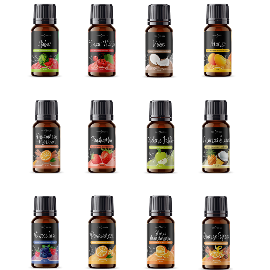Set of 12 "Fruit" fragrance oils, 10 ml each.