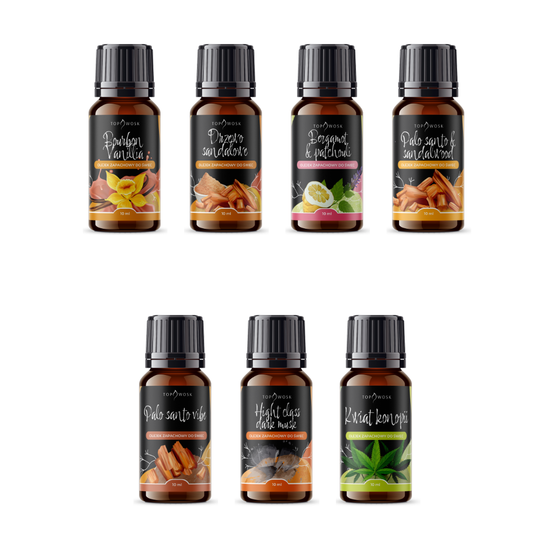 Set of 7 "woody/oriental" fragrance oils, 10 ml each.