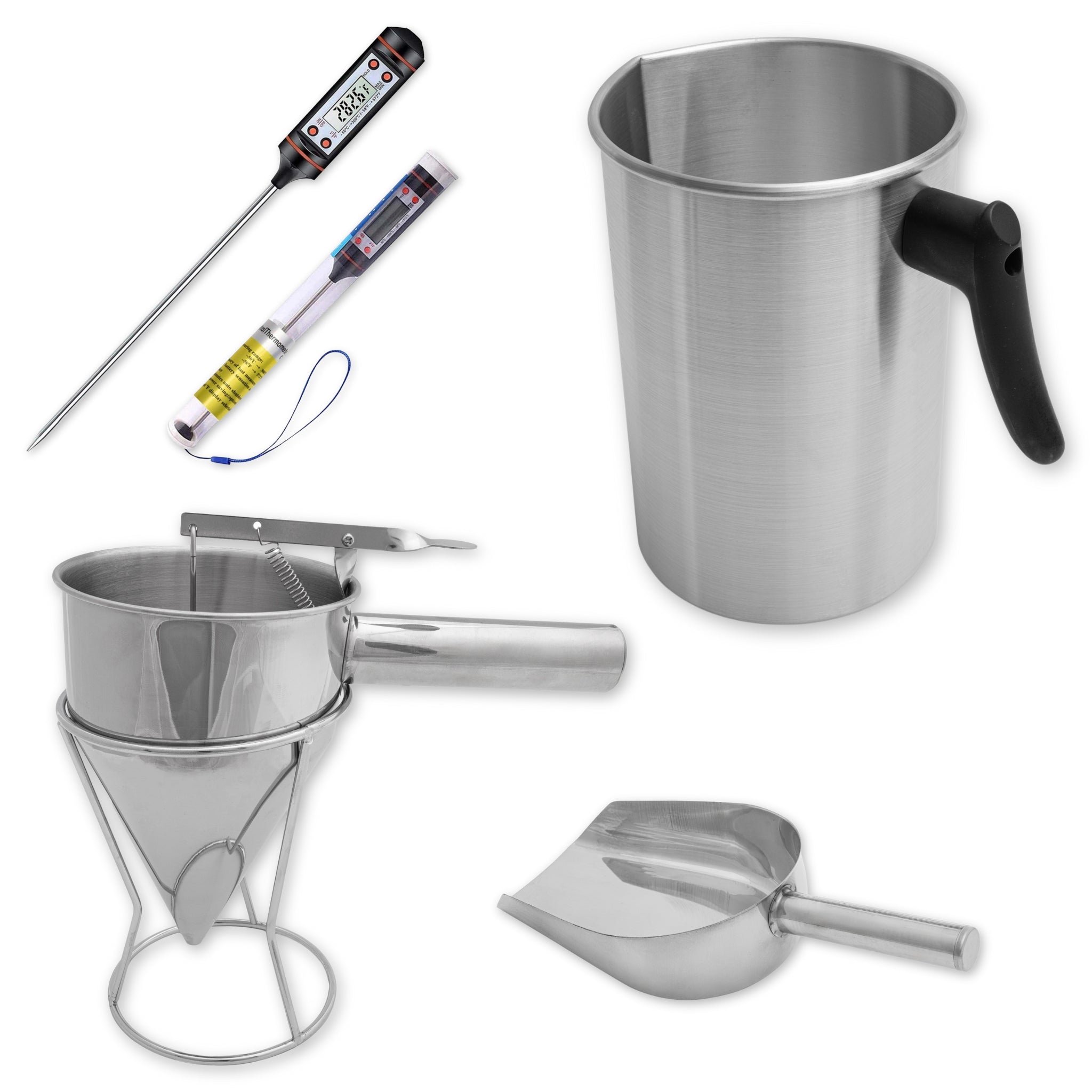 Kerzenherstellungs-Zubehörset: Schmelztopf, Trichter, Thermometer und Schaufel aus Edelstahl.