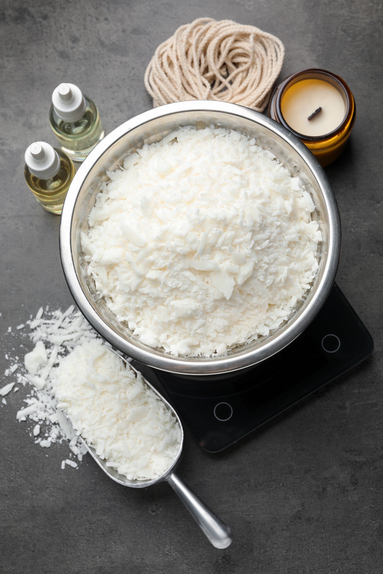 Kerzenherstellungs-Zubehörset: Schmelztopf, Trichter, Thermometer und Schaufel aus Edelstahl.