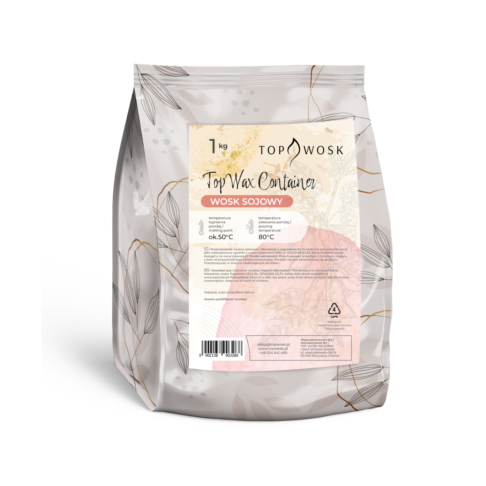 Opakowanie 1 kg wosku sojowego Top Wax Container marki Topwosk, stojąca torba z roślinnym wzorem.