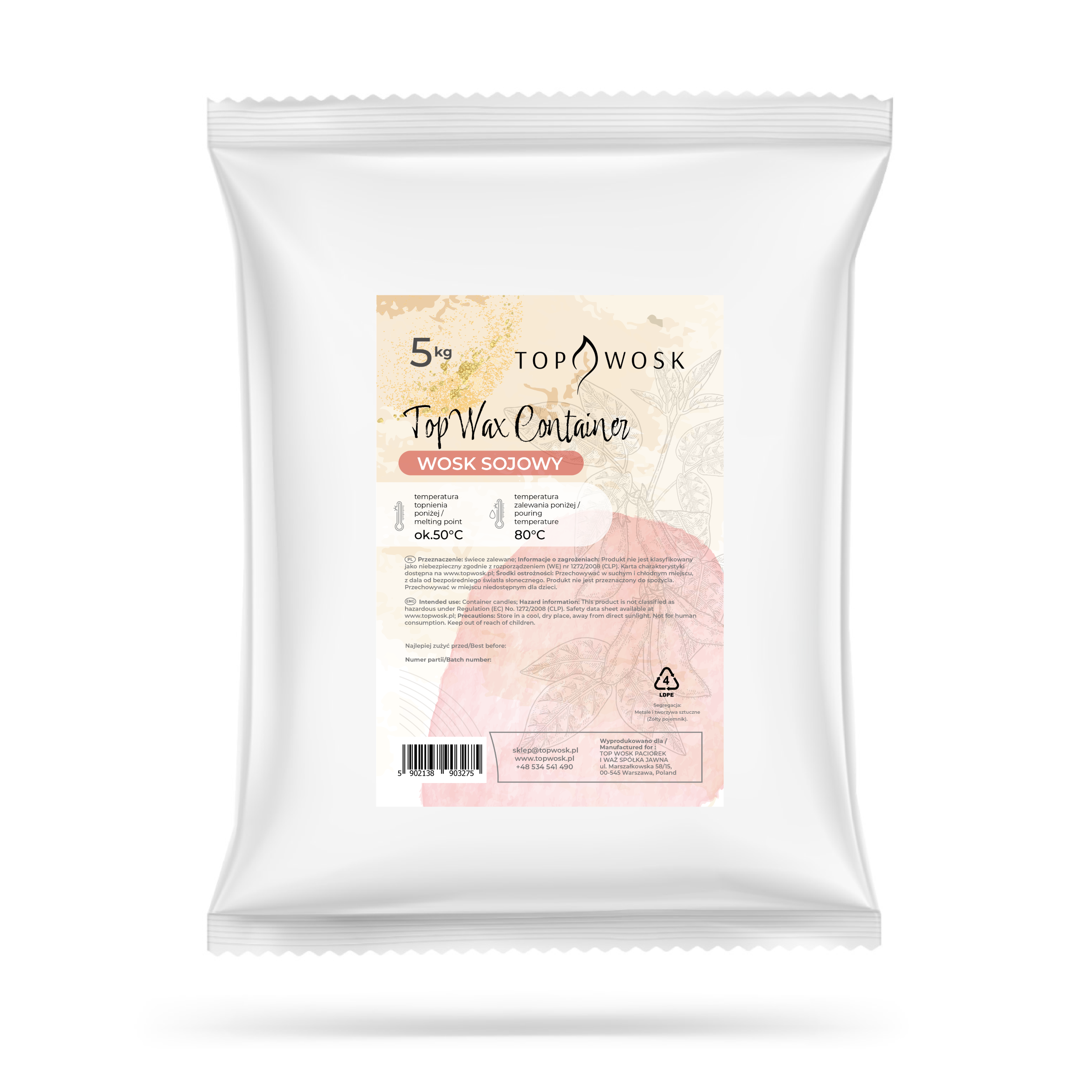 Białe opakowanie z 5 kg wosku sojowego Top Wax Container marki Topwosk, z pastelową etykietą.