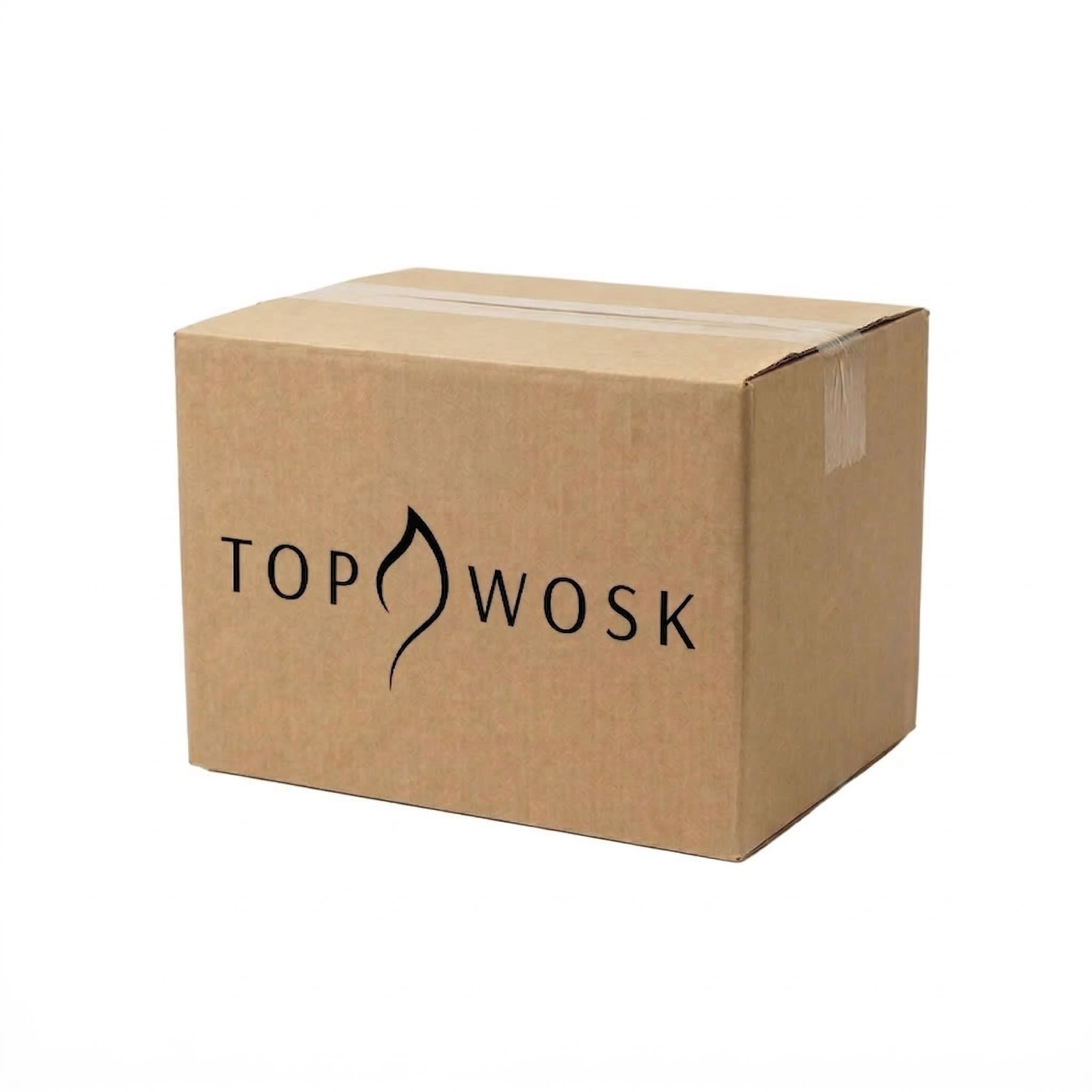 Zaklejony taśmą karton z czarnym logo Topwosk z boku.