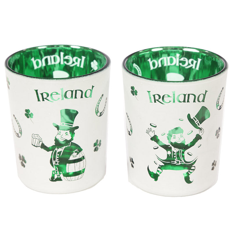 Zestaw 2 szklanych świeczników na tealight - Irlandzki Krasnoludek Szczęściarz