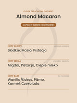 Nuty zapachowe olejku do świec Almond Macaron. Nuty głowy: Słodkie, Masło, Pistacja. Nuty serca: Migdał, Pistacja, Ciepłe mleko. Nuty bazy: Wanilia/Kokos, Piżmo, Karmel, Czekolada.