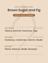 Nuty zapachowe olejku do świec Brown Sugar and Fig. Nuty głowy: Zielony, Karmel, Owocowy, Figa. Nuty serca: Kwiatowy, Cyklamen, Jaśmin, Słodki. Nuty bazy: Piżmo, Drewno, Słodki, Bursztyn.