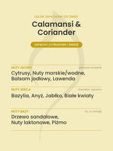 Nuty zapachowe olejku do świec Calamansi & Coriander. Nuty głowy: Cytrusy, Nuty morskie/wodne, Balsam jodłowy, Lawenda. Nuty serca: Bazylia, Anyż, Jabłko, Białe kwiaty. Nuty bazy: Drzewo sandałowe, Nuty laktonowe, Piżmo.