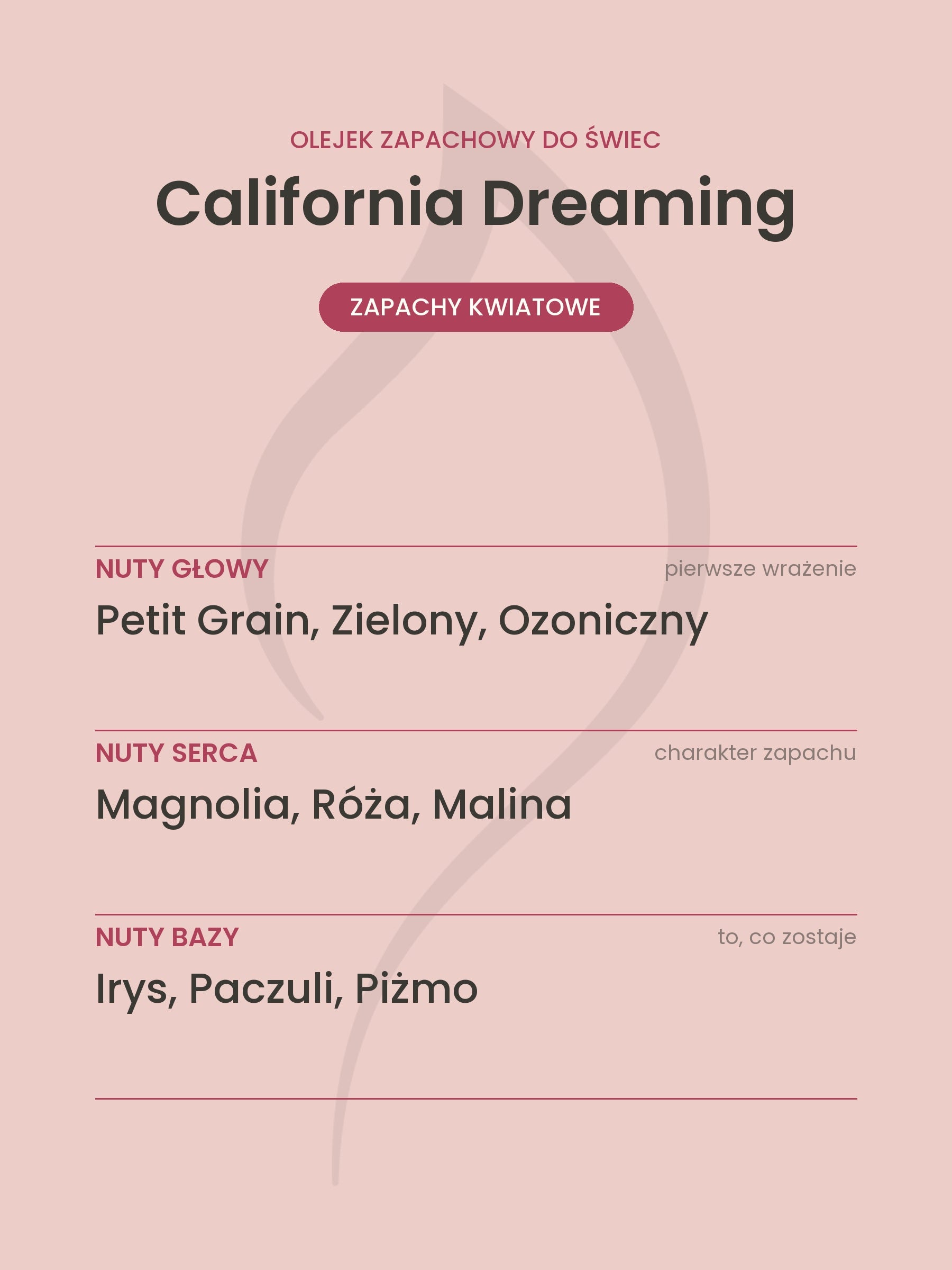 Nuty zapachowe olejku do świec California Dreaming. Nuty głowy: Petit Grain, Zielony, Ozoniczny. Nuty serca: Magnolia, Róża, Malina. Nuty bazy: Irys, Paczuli, Piżmo.