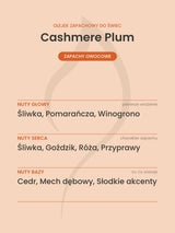 Nuty zapachowe olejku do świec Cashmere Plum. Nuty głowy: Śliwka, Pomarańcza, Winogrono. Nuty serca: Śliwka, Goździk, Róża, Przyprawy. Nuty bazy: Cedr, Mech dębowy, Słodkie akcenty.