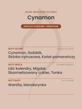 Nuty zapachowe olejku do świec Cynamon. Nuty głowy: Cynamon, Goździk, Skórka cytrusowa, Kwiat pomarańczy. Nuty serca: Liść kolendry, Migdał, Skarmelizowany cukier, Tonka. Nuty bazy: Wanilia, Mandarynka.