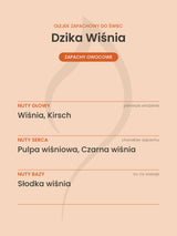 Nuty zapachowe olejku do świec Dzika Wiśnia. Nuty głowy: Wiśnia, Kirsch. Nuty serca: Pulpa wiśniowa, Czarna wiśnia. Nuty bazy: Słodka wiśnia.