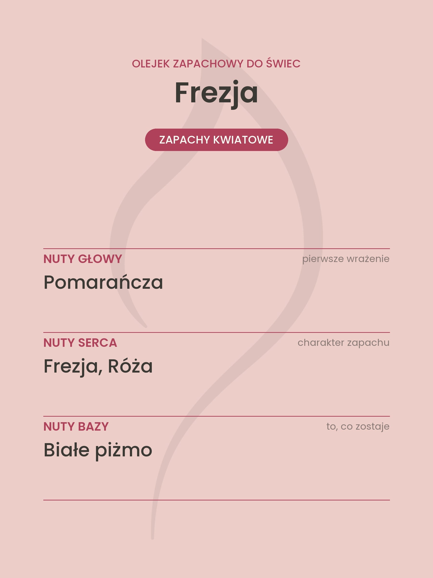 Nuty zapachowe olejku do świec Frezja. Nuty głowy: Pomarańcza. Nuty serca: Frezja, Róża. Nuty bazy: Białe piżmo.