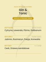 Nuty zapachowe olejku do świec Gin & Tonic. Nuty głowy: Cytryna, Lawenda, Piżmo, Galbanum. Nuty serca: Jaśmin, Rozmaryn, Frezja, Konwalia. Nuty bazy: Cedr, Drzewo sandałowe.