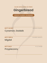 Nuty zapachowe olejku do świec Gingerbread. Nuty głowy: Cynamon, Goździk. Nuty serca: Migdał. Nuty bazy: Przypieczony.
