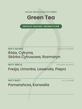 Nuty zapachowe olejku do świec Green Tea. Nuty głowy: Róża, Cytryna, Skórka Cytrusowa, Rozmaryn. Nuty serca: Frezja, Limonka, Lawenda, Pieprz. Nuty bazy: Pomarańcza, Konwalia.