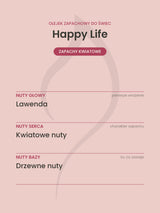 Nuty zapachowe olejku do świec Happy Life. Nuty głowy: Lawenda. Nuty serca: Kwiatowe nuty. Nuty bazy: Drzewne nuty.