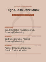 Nuty zapachowe olejku do świec High Class Dark Musk. Nuty głowy: Goździk, Gałka muszkatołowa, Drzewny/Orientalny. Nuty serca: Cedrowe drewno, Paczuli, Drzewny/Orientalny. Nuty bazy: Piżmo, Drzewo sandałowe, Fasola Tonka, Wanilia.