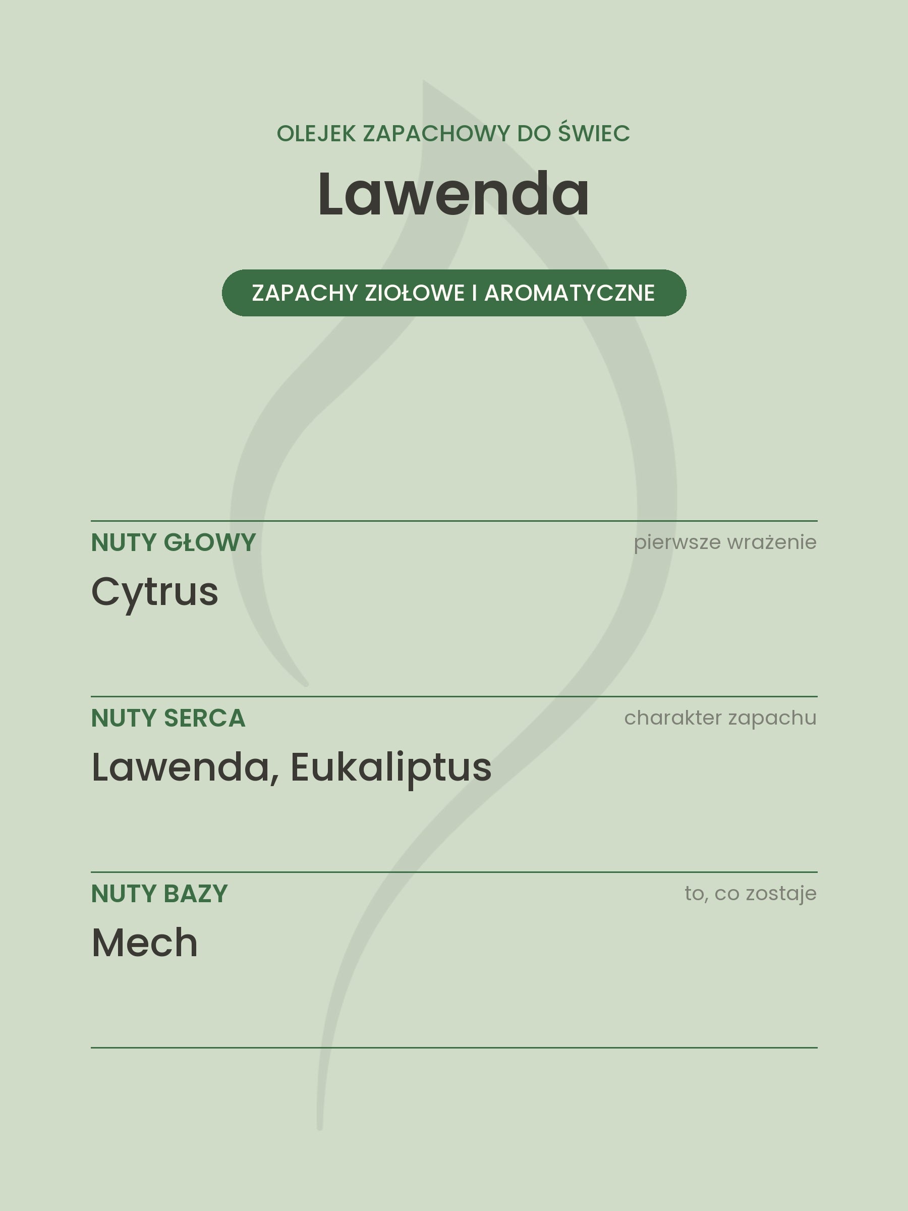Nuty zapachowe olejku do świec Lawenda. Nuty głowy: Cytrus. Nuty serca: Lawenda, Eukaliptus. Nuty bazy: Mech.