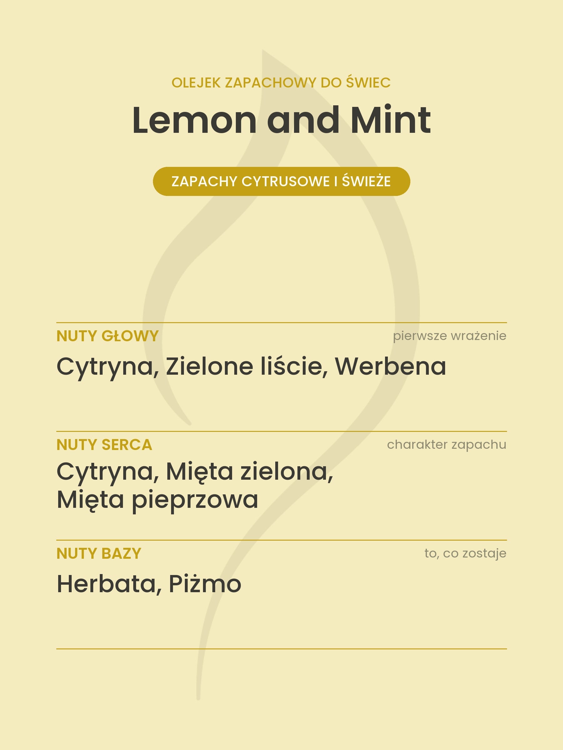 Nuty zapachowe olejku do świec Lemon and Mint. Nuty głowy: Cytryna, Zielone liście, Werbena. Nuty serca: Cytryna, Mięta zielona, Mięta pieprzowa. Nuty bazy: Herbata, Piżmo.