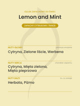 Nuty zapachowe olejku do świec Lemon and Mint. Nuty głowy: Cytryna, Zielone liście, Werbena. Nuty serca: Cytryna, Mięta zielona, Mięta pieprzowa. Nuty bazy: Herbata, Piżmo.