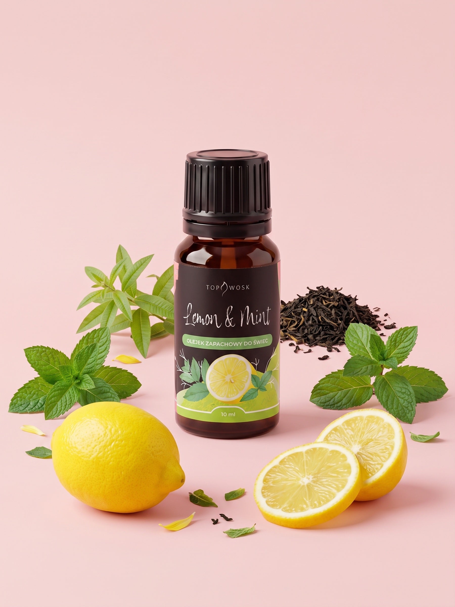 Olejek zapachowy do świec Lemon and Mint w butelce 10 ml otoczonej cytryną, miętą zieloną i pieprzową, werbeną i czarną herbatą