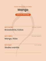 Nuty zapachowe olejku do świec Mango. Nuty głowy: Brzoskwinia, Kokos. Nuty serca: Mango, Róża. Nuty bazy: Słodka wanilia.