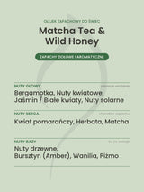 Nuty zapachowe olejku do świec Matcha Tea & Wild Honey. Nuty głowy: Bergamotka, Nuty kwiatowe, Jaśmin / Białe kwiaty, Nuty solarne. Nuty serca: Kwiat pomarańczy, Herbata, Matcha. Nuty bazy: Nuty drzewne, Bursztyn (Amber), Wanilia, Piżmo.
