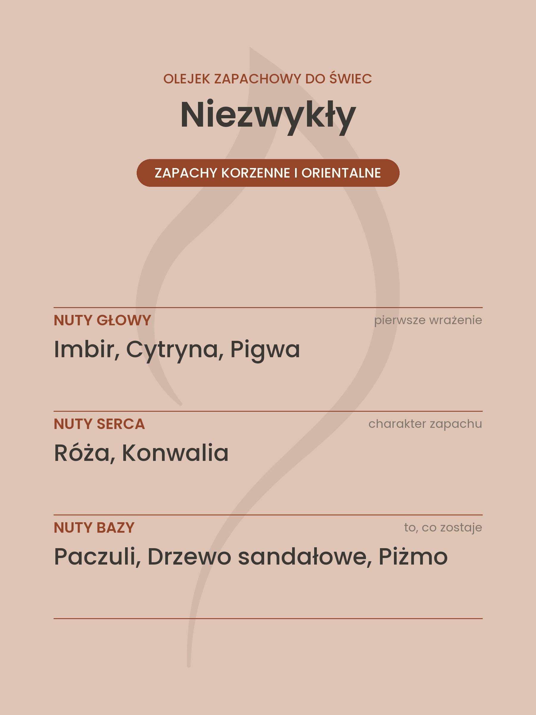 Nuty zapachowe olejku do świec Niezwykły. Nuty głowy: Imbir, Cytryna, Pigwa. Nuty serca: Róża, Konwalia. Nuty bazy: Paczuli, Drzewo sandałowe, Piżmo.