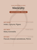 Nuty zapachowe olejku do świec Niezwykły. Nuty głowy: Imbir, Cytryna, Pigwa. Nuty serca: Róża, Konwalia. Nuty bazy: Paczuli, Drzewo sandałowe, Piżmo.