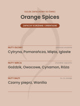 Nuty zapachowe olejku do świec Orange Spices. Nuty głowy: Cytryna, Pomarańcza, Mięta, Iglaste. Nuty serca: Goździk, Owocowe, Cynamon, Róża. Nuty bazy: Czarny pieprz, Wanilia.