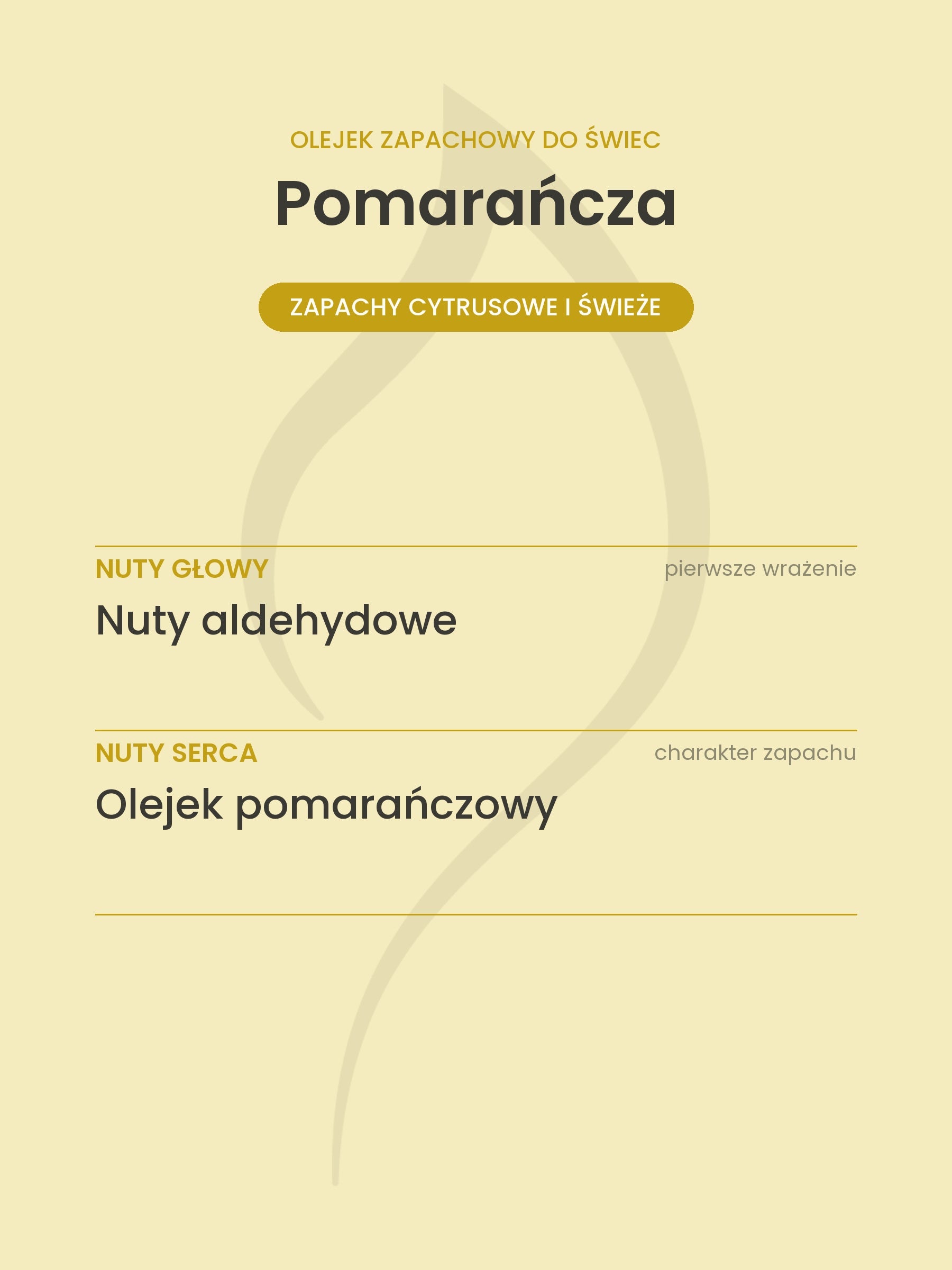 Nuty zapachowe olejku do świec Pomarańcza. Nuty głowy: Nuty aldehydowe. Nuty serca: Olejek pomarańczowy.