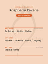Nuty zapachowe olejku do świec Raspberry Reverie. Nuty głowy: Śmietanka, Malina, Zieleń. Nuty serca: Malina, Czerwone Owoce / Jagody. Nuty bazy: Malina, Piżmo.