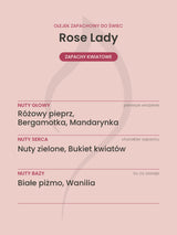 Nuty zapachowe olejku do świec Rose Lady. Nuty głowy: Różowy pieprz, Bergamotka, Mandarynka. Nuty serca: Nuty zielone, Bukiet kwiatów. Nuty bazy: Białe piżmo, Wanilia.
