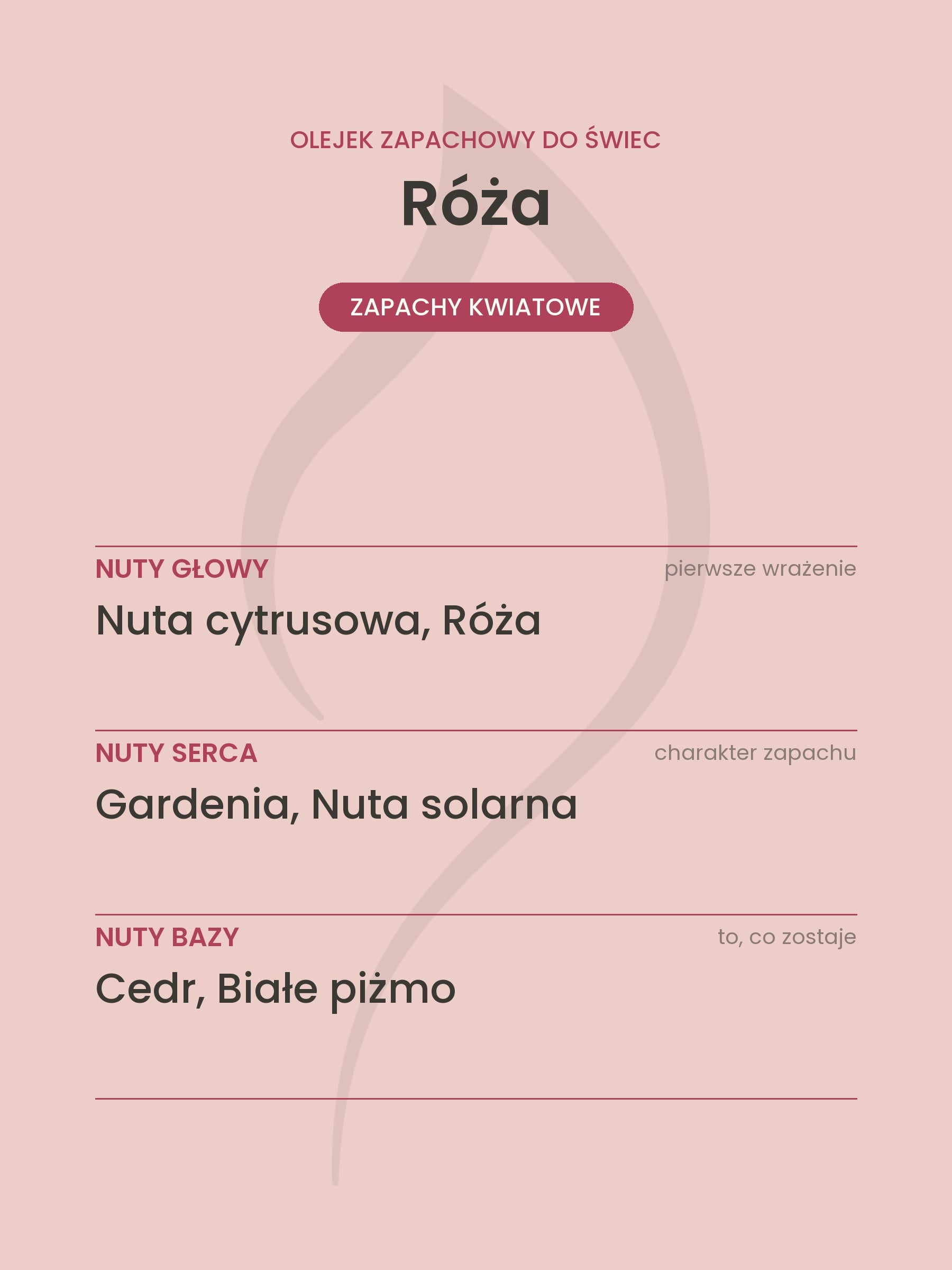 Nuty zapachowe olejku do świec Róża. Nuty głowy: Nuta cytrusowa, Róża. Nuty serca: Gardenia, Nuta solarna. Nuty bazy: Cedr, Białe piżmo.