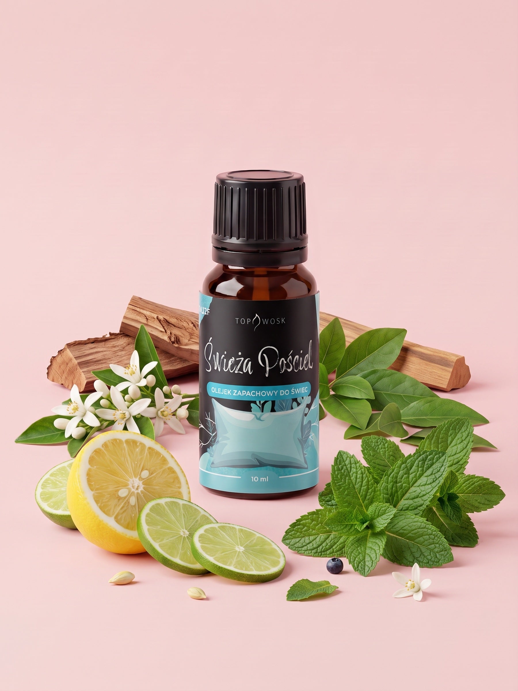 Olejek zapachowy do świec Świeża Pościel w butelce 10 ml otoczonej cytryną, limonką, kwiatem pomarańczy, miętą oraz drewnem cedrowym i sandałowym
