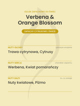 Nuty zapachowe olejku do świec Verbena & Orange Blossom. Nuty głowy: Trawa cytrynowa, Cytrusy. Nuty serca: Werbena, Kwiat pomarańczy. Nuty bazy: Nuty kwiatowe, Piżmo.