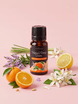 Olejek zapachowy do świec Verbena & Orange Blossom w butelce 10 ml otoczonej pomarańczą, kwiatem pomarańczy, werbeną, trawą cytrynową i cytryną