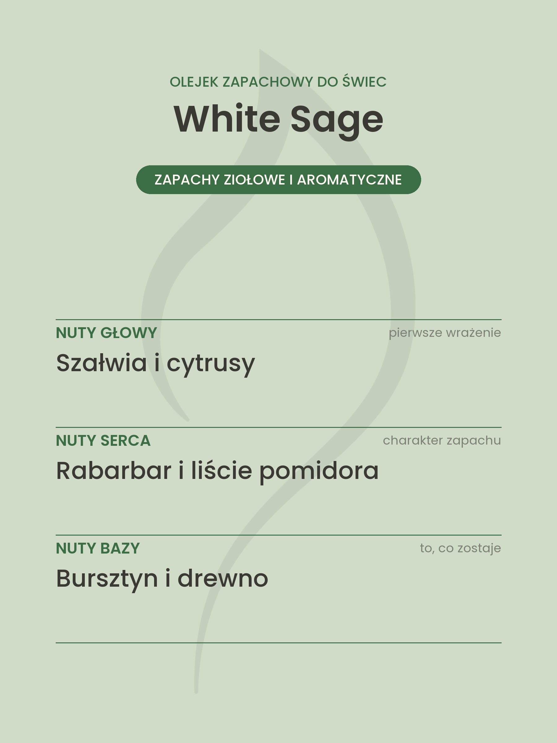 Nuty zapachowe olejku do świec White Sage. Nuty głowy: Szałwia i cytrusy. Nuty serca: Rabarbar i liście pomidora. Nuty bazy: Bursztyn i drewno.