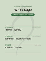 Nuty zapachowe olejku do świec White Sage. Nuty głowy: Szałwia i cytrusy. Nuty serca: Rabarbar i liście pomidora. Nuty bazy: Bursztyn i drewno.