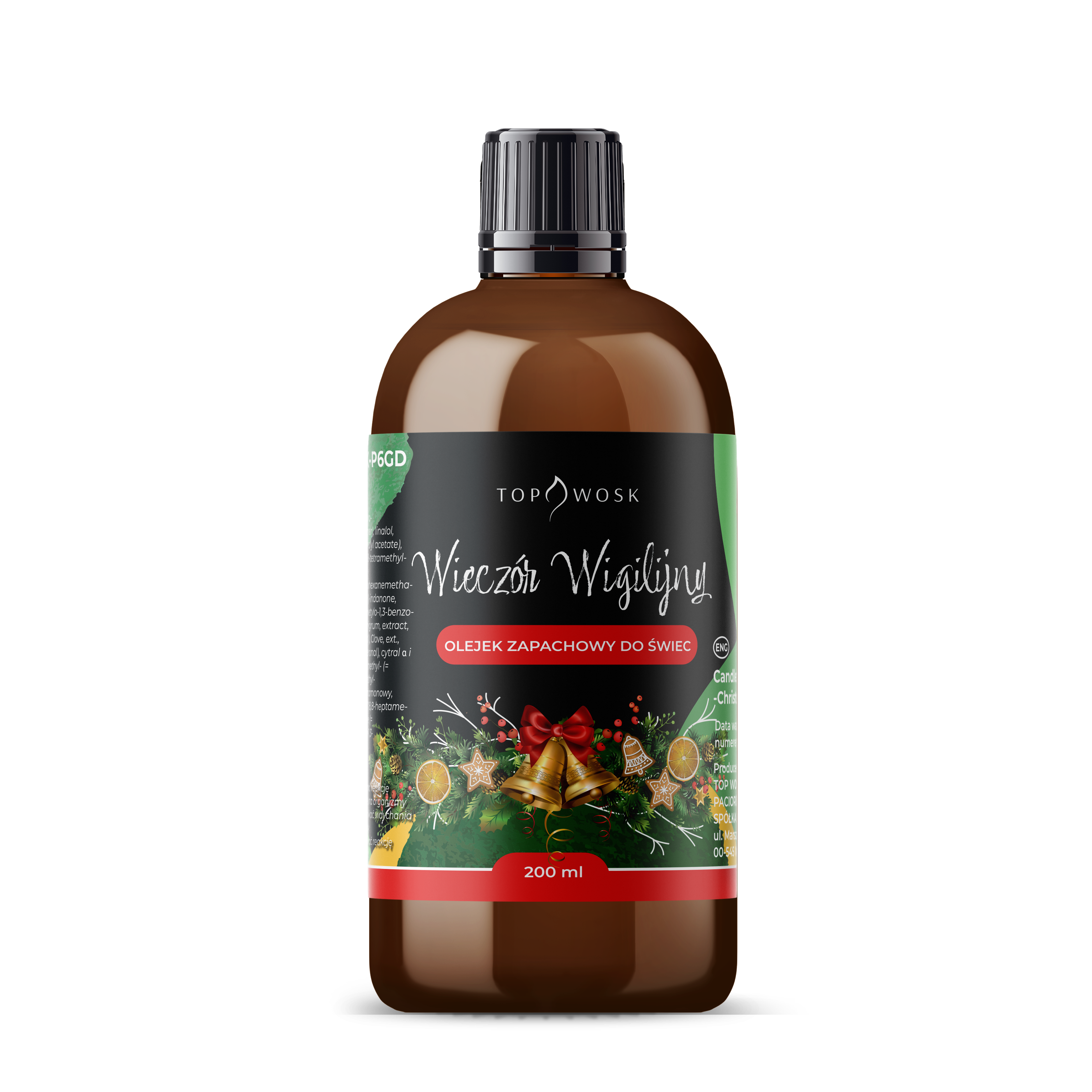 Olejek zapachowy do świec Wieczór Wigilijny 200 ml Topwosk – świąteczny zapach, brązowa butelka z zakrętką