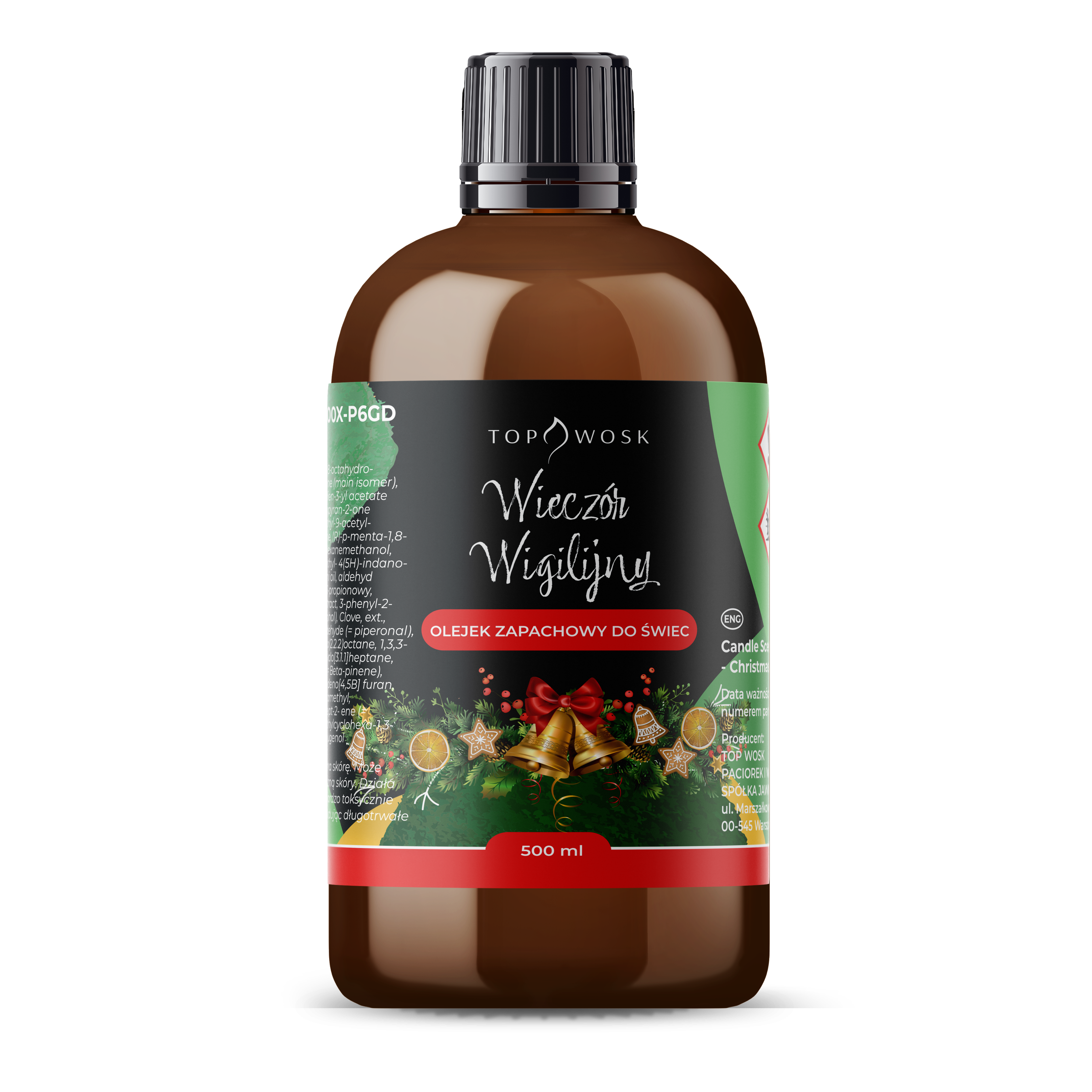 Olejek zapachowy do świec Wieczór Wigilijny 500 ml Topwosk – świąteczny zapach, brązowa butelka z zakrętką
