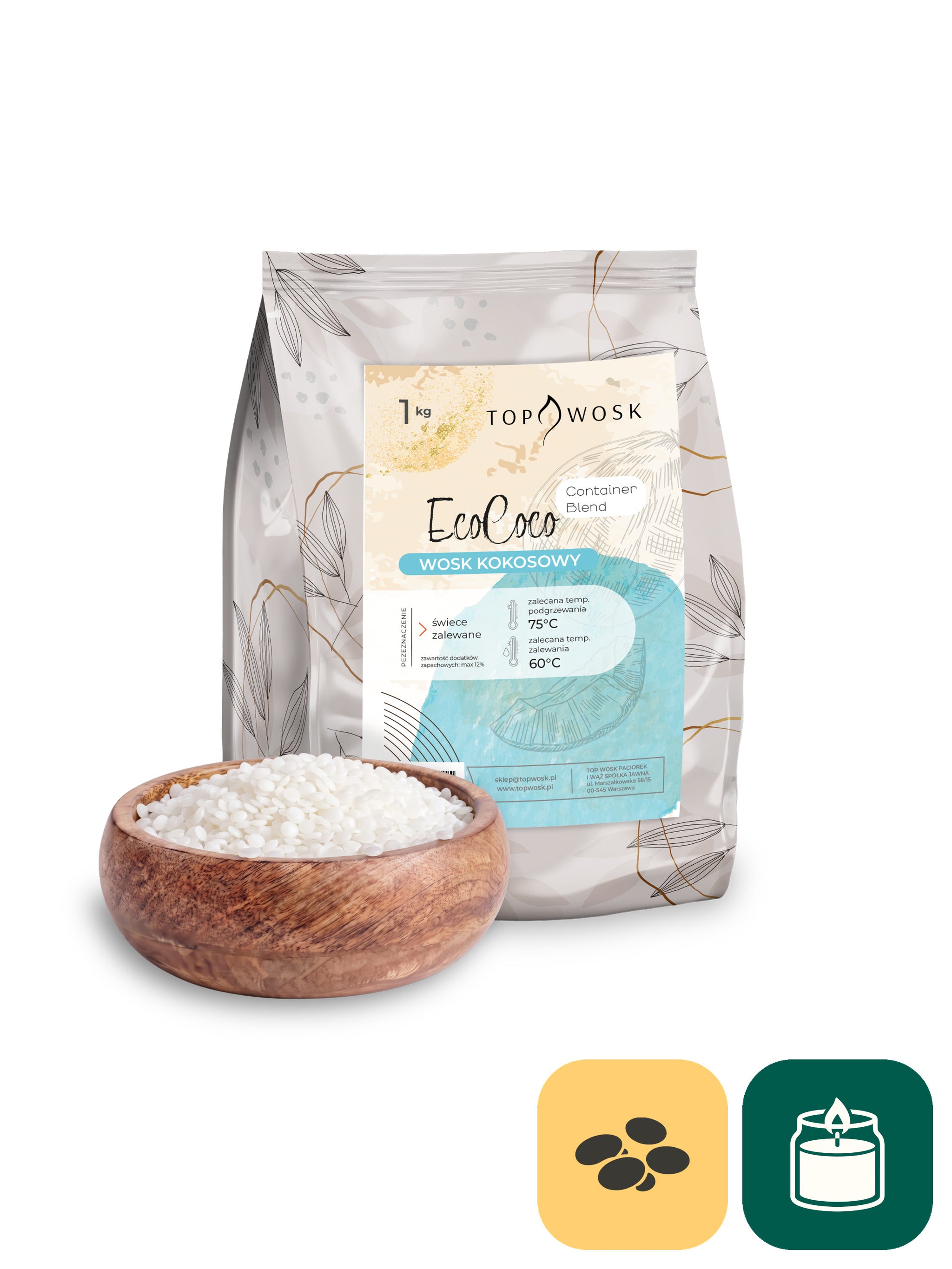 Wosk kokosowy EcoCoco ContainerBlend w pastylkach do świec zalewanych: opakowanie 1 kg z etykietą i drewniana misa z białymi pastylkami wosku